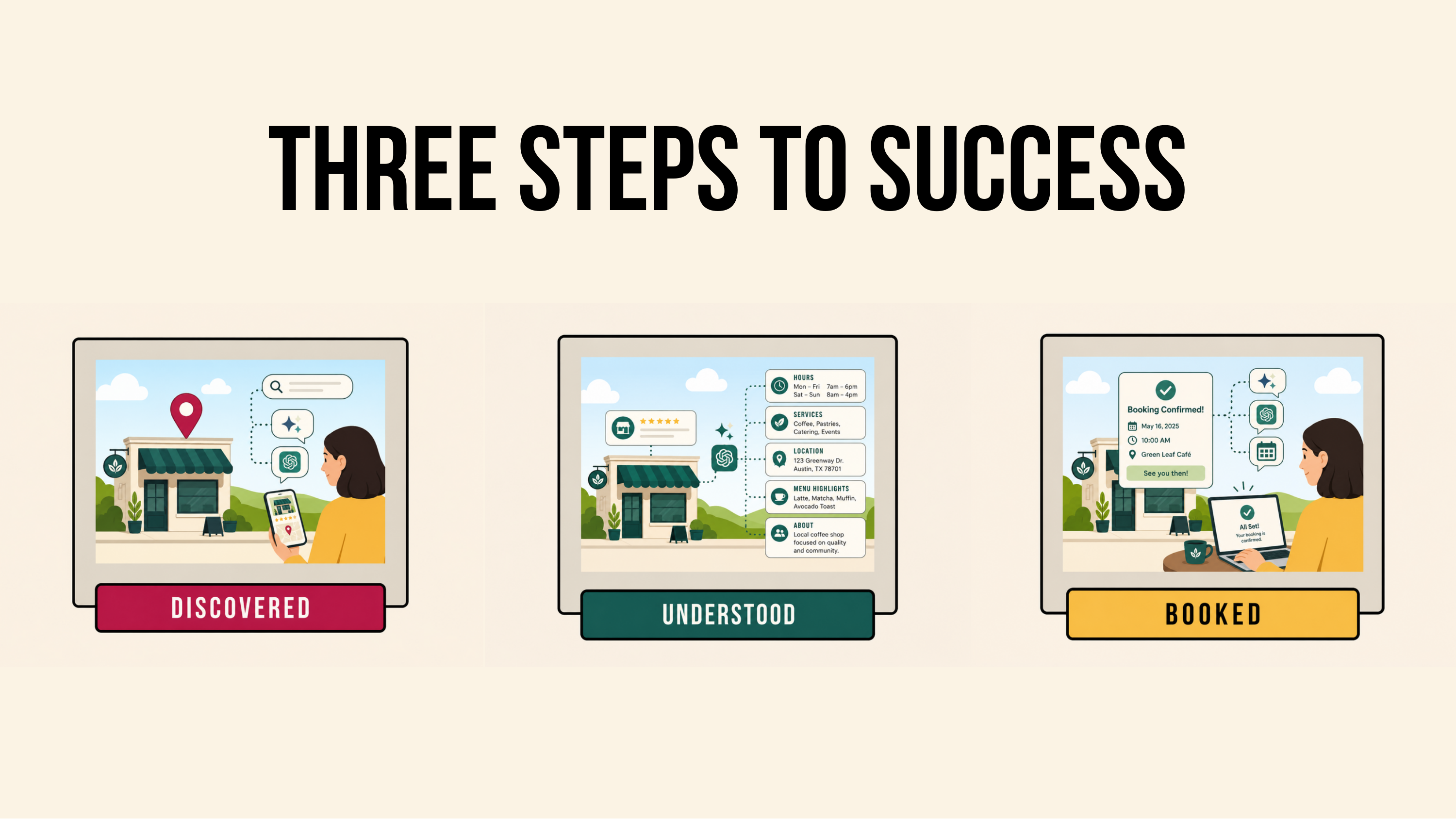 Slide: Three Steps to Success. Discovered, Understood, Booked.