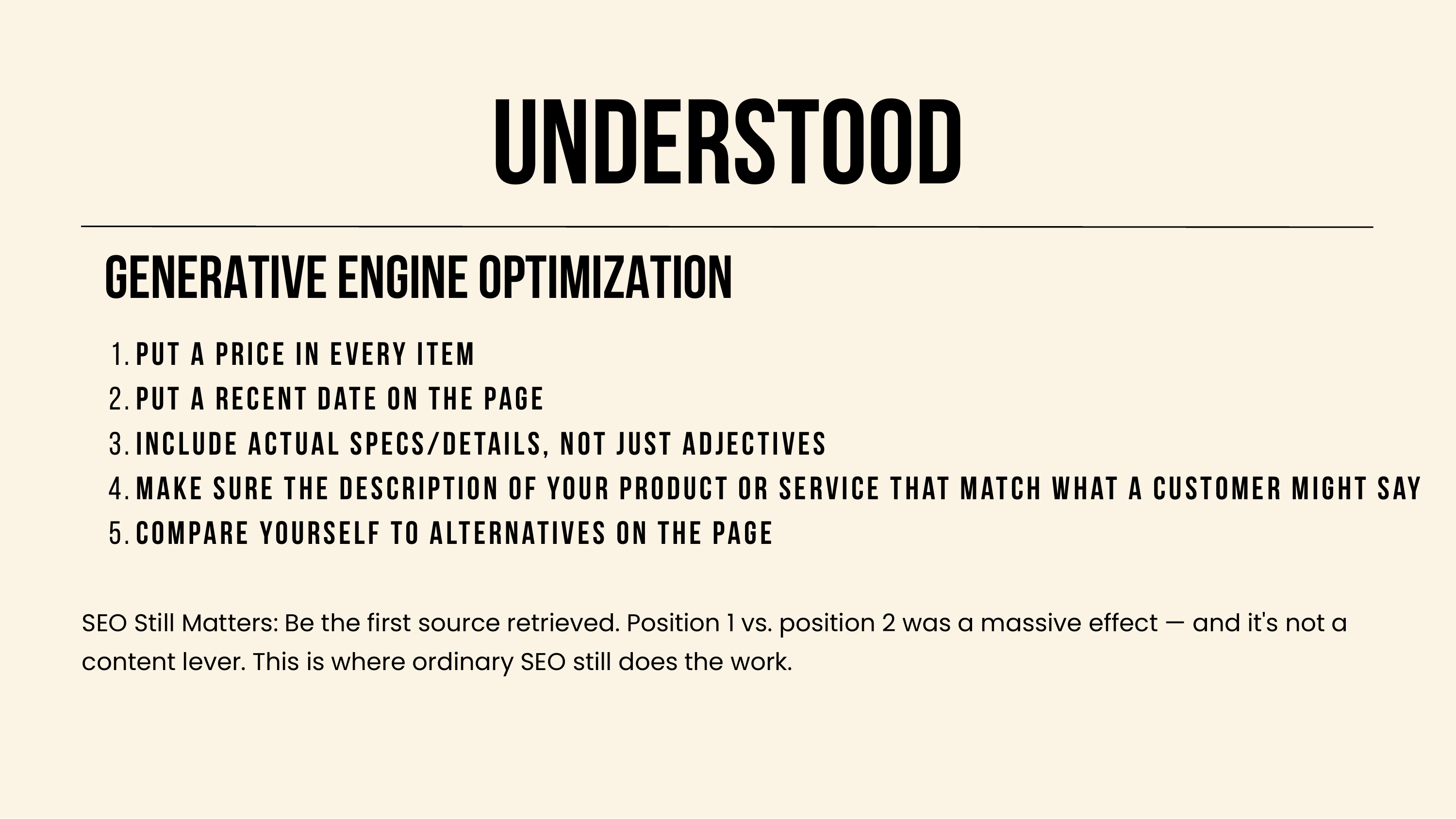 Slide: Understood. Generative Engine Optimization, five numbered rules, plus a note that SEO still matters.
