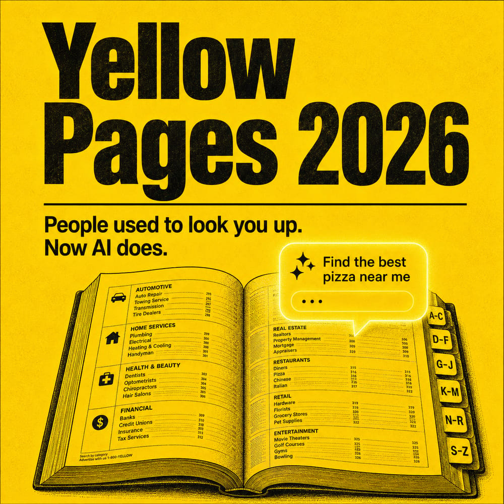 Yellow Pages 2026 — People used to look you up. Now AI does. An open phone book with an AI chat bubble asking to find the best pizza near me
